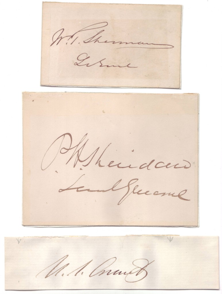 (CIVIL WAR.) Three clipped Signatures: Ulysses S. Grant * Philip H. Sheridan * William T. Sherman.
